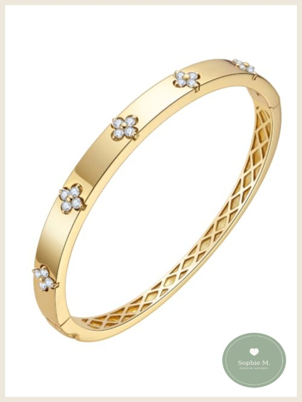 14K Gold Plated Cuff Bracelet Moissanite Four-Leaf Clover Bangle